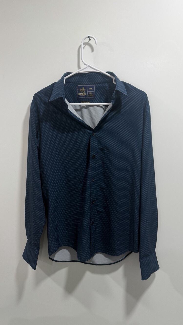 Men s Rugby University Navy Blue with White Pin Micro Polka Dots Stretch Size S
